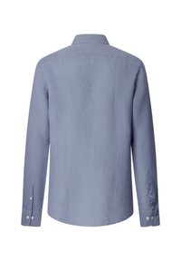 Chemise bleu clair à manches longues avec col et poignets boutonnés, vue de dos, sur fond blanc.