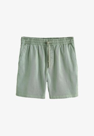 Pantaloni scurți casual verde deschis, cu talie elastică, șnur reglabil și buzunare laterale, expuși pe o suprafață albă.