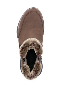 Bottine marron avec une douce doublure en fausse fourrure, tige en cuir lisse et fermeture éclair sur le côté. Bout rond et semelle en caoutchouc texturée.
