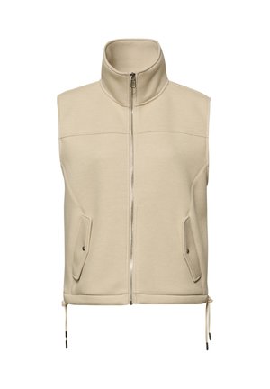 Beige ärmellose Weste mit hohem Kragen, Frontreißverschluss, zwei Klappentaschen mit Druckknöpfen und verstellbaren Kordelzügen am Saum.