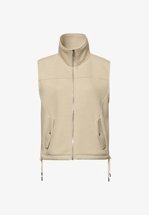 Beige ärmellose Weste mit hohem Kragen, Frontreißverschluss, zwei Klappentaschen mit Druckknöpfen und verstellbaren Kordelzügen am Saum.