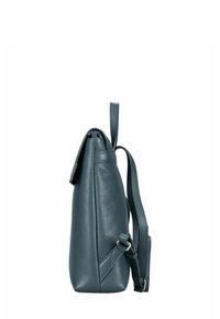 Sac à dos en cuir teal avec une forme structurée, une poignée supérieure, une bandoulière réglable et une ouverture zippée en haut.