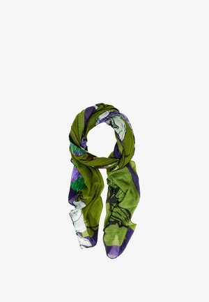 Sciarpa leggera e trasparente, con motivo verde e viola, caratterizzata da disegni floreali e una forma fluida e drappeggiata.