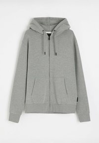 Szara rozpinana bluza z kapturem wykonana z miękkiej dzianiny bawełnianej. Posiada podszewkę w kapturze, przednie kieszenie, sznurki  oraz ribbowe mankiety.