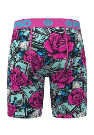 Pánské boxerky s motivem růžových růží, modrých listů, diamantů a modře tónovaných stokorun, s růžovo-modrým pasem.
