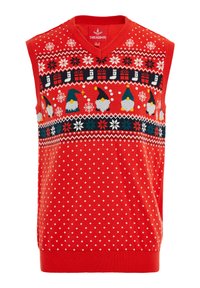 Rode gebreide mouwloze trui met een V-hals. Feestelijke patronen van gnooms, cadeaus en sneeuwvlokken in meerdere kleuren. Witte stippen textuur verspreid over de trui.