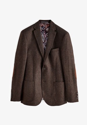 Brauner strukturierter Blazer mit zwei aufgesetzten Fronttaschen, Ein-Knopf-Verschluss, Ellenbogen-Patches und einem innen mit Blumenmuster versehenen Futter.