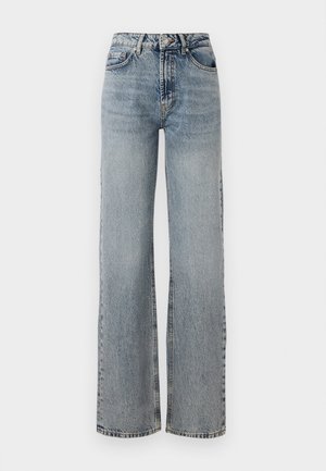 Lyseblå denimjeans med høy midje, vide ben, falmet finish og subtile slitasjedetaljer. Klassisk fem-lommers stil.