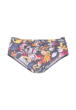 Damen-Bikinihose mit buntem tropischem Blattmuster und vorderer Knotendetail auf grauem Hintergrund.
