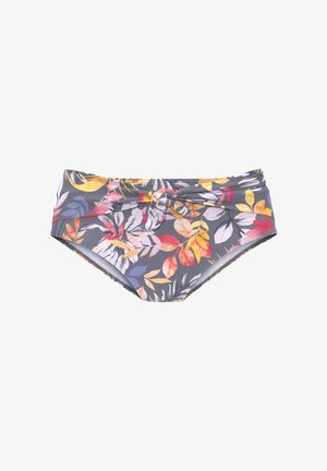 Damen-Bikinihose mit buntem tropischem Blattmuster und vorderer Knotendetail auf grauem Hintergrund.