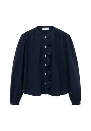 Blouse bleu marine avec un col rond, des manches longues et un détail en volants à l'avant. Elle présente une fermeture à boutons et une texture de tissu douce.
