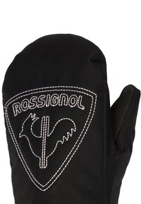Černé rukavice s bílým vyšitým logem Rossignol, které zobrazuje stylizovaného kohouta. Materiál se zdá být pevný s texturovaným povrchem.