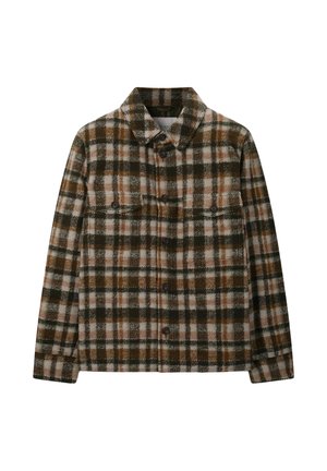 Braune, grüne und weiße karierte Jacke mit Knöpfen, Kragen und zwei geknöpften Brusttaschen.