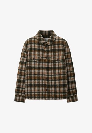 Knopjes aan een bruin, groen en wit geruit jasje met kraag en twee opgestikte borstzakken met knopen.