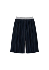 Marineblauwe geplooide culottes met een grijze elastische tailleband. Lichtgewicht stof met een gladde textuur, met wijde benen en een vloeiende ontwerp.
