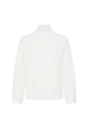 Witte gebreide coltrui met lange raglanmouwen, iets cropped ontwerp en een gestructureerde stof. Geen zichtbare patronen of hardware.