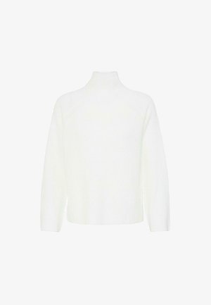 White knitted turtleneck sweater with long raglan sleeves, slightly cropped design, and textured fabric. No visible patterns or hardware.