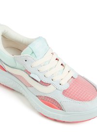 Vans sneakers with a mint green, gray, and pink color scheme. Mesh and suede materials, white laces, and textured rubber sole with pink accents.