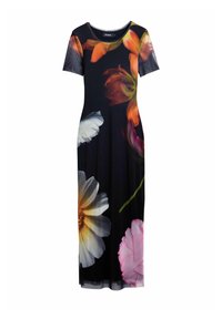 Robe maxi à manches courtes, avec un fond noir et un imprimé floral dans des couleurs vives, présentant de grandes fleurs blanches, roses et orange.