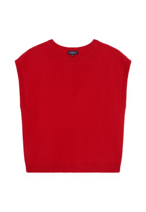 Rode mouwloze gebreide sweatervest met ronde halslijn en geribbelde randen, maat small, gelabeld "Caroll."