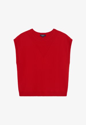 Czerwony bezrękawnik dzianinowy z okrągłym dekoltem i prążkowanymi brzegami, rozmiar S, oznaczony "Caroll".