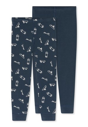 Zwei Paar dunkelblaue Kinderleggings, eines mit weißen Skateboard-Motiven und das andere uni.