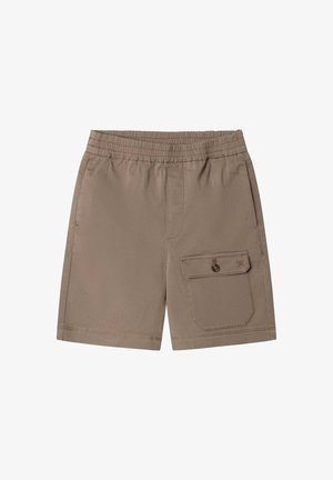Brown elastic waist shorts with side pockets and a buttoned flap pocket on the right leg.