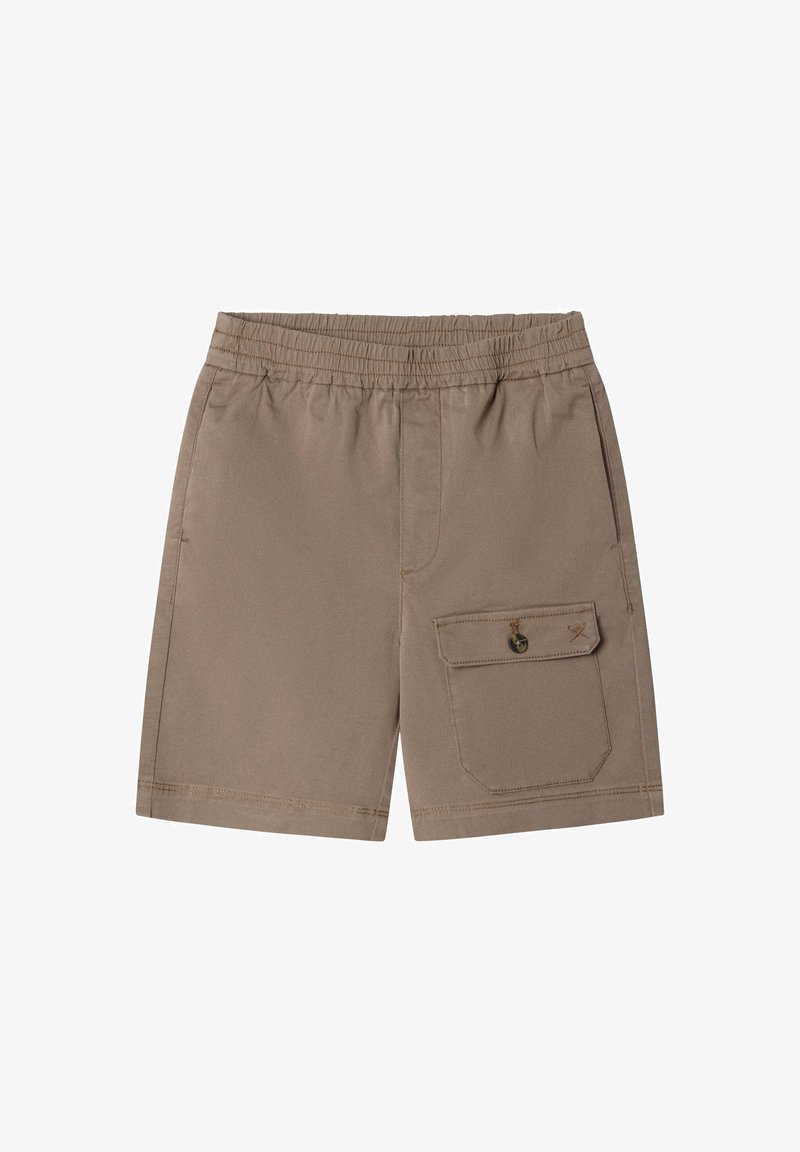 Braune Shorts mit elastischem Bund, Seitentaschen und einer mit Knopf verschließbaren Klappentasche am rechten Bein.