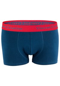 Boxers pour hommes en tissu bleu foncé avec une coupe ajustée. Dotés d'une ceinture élastique rouge avec le texte "Vincent Creation". Texture douce, sans motifs.