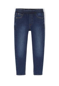 Dunkelblaue Jeans mit einem dehnbaren Bund, Vorderseitentaschen und einem schmalen Schnitt. Merkmale sind kontrastierender Stich und eine glatte Textur.