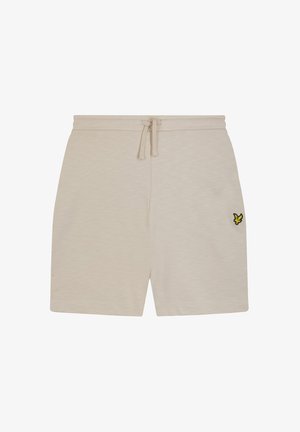 Beige Shorts aus weichem Stoff, mit einem elastischen Bund und Kordelzug, sowie einem kleinen schwarz-gelben Schmetterlingslogo am linken Oberschenkel.