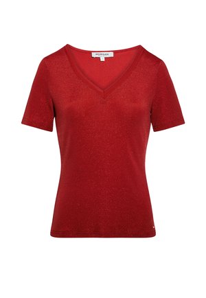 Rød t-shirt med korte ærmer og V-hals med en subtil glans, størrelse small, mærket Morgan, vist på en hvid baggrund.