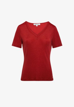 Rotes T-Shirt mit kurzen Ärmeln und V-Ausschnitt, mit dezentem Schimmer, Größe klein, mit dem Aufdruck Morgan, auf weißem Hintergrund dargestellt.