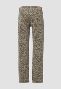 Jeans in denim con stampa leopardata, dal taglio dritto, con una base beige e macchie scure, due tasche posteriori e passanti per cintura.