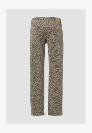 Jeans aus Denim mit Leopardenmuster und geradem Bein, in einer beigen Grundfarbe mit dunklen Sprenkeln, zwei Gesäßtaschen und einem Gürtelschlaufen.