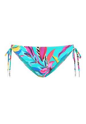 Turkoois bikinibroekje met een meerkleurig tropisch bloemenpatroon. Voorzien van verstelbare binddingetjes aan de zijkanten met zilveren veeraccenten.