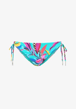 Turkoois bikinibroekje met een meerkleurig tropisch bloemenpatroon. Voorzien van verstelbare binddingetjes aan de zijkanten met zilveren veeraccenten.
