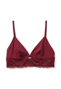 Maroons bralet s krajkovým lemem vyrobený z měkké látky, s trojúhelníkovými košíčky, nastavitelnými ramínky a malým zlatým kovovým detailem uprostřed.