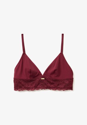 Maroone Bralette mit Spitzenbesatz aus weichem Stoff, dreieckigen Cups, verstellbaren Trägern und einem kleinen goldenen Hardware-Detail in der Mitte.