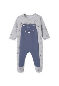 Grau und marineblauer Baumwoll-Overall für Babys mit einem Bärenmotiv auf der Vorderseite sowie kleinen Koala-Mustern an den Ärmeln und Beinen.