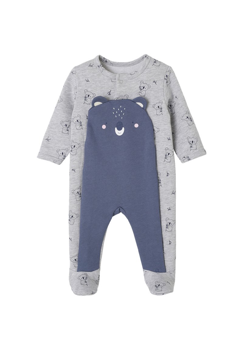 Grau und marineblauer Baumwoll-Overall für Babys mit einem Bärenmotiv auf der Vorderseite sowie kleinen Koala-Mustern an den Ärmeln und Beinen.