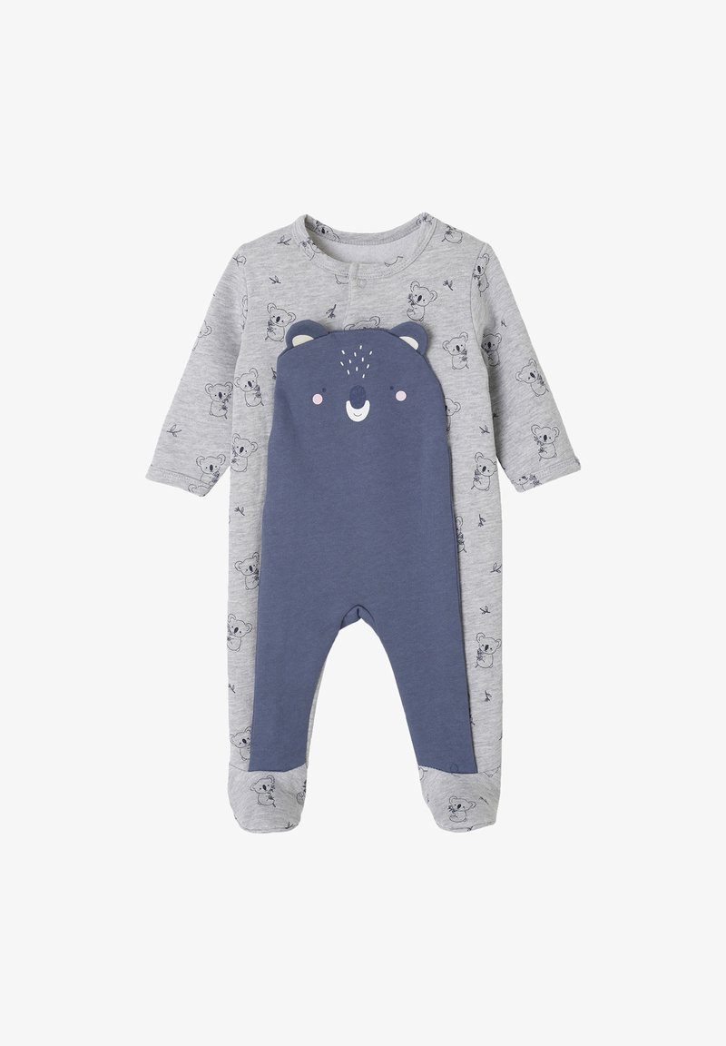 Grau und marineblauer Baumwoll-Overall für Babys mit einem Bärenmotiv auf der Vorderseite sowie kleinen Koala-Mustern an den Ärmeln und Beinen.