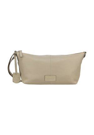 Beige rechteckige Lederhandtasche mit Handgelenkschlaufe, Reißverschluss und einem kleinen Markenschild mit der Aufschrift „Burkely“ auf der Vorderseite.