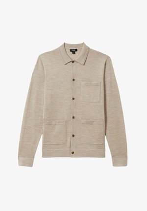 Beige gebreide cardigan met een kraag, knoopsluiting en twee voorzakken. Heeft een subtiele structuur en een ontspannen pasvorm.