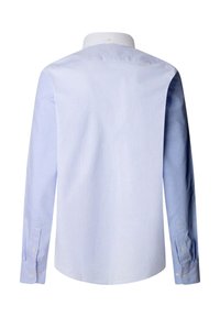 Lichtblauwe lange mouwen shirt met een contrasterende effen achterkant, gestreepte voorkant, button-down kraag en mouwdetails met knopen.