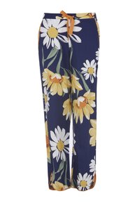 Floral wide-leg pants in dark blue, featuring large yellow and white daisies. Includes a tie waist and contrasting orange trim. Soft fabric.