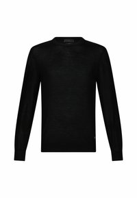 Pulover negru din tricot, cu mâneci lungi, guler rotund, realizat dintr-un material ușor, având o textură subtilă și un detaliu mic cu logo în zonele de jos.