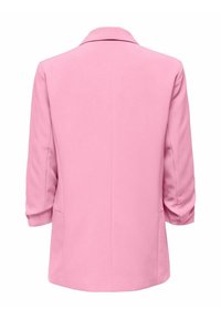 Blazer rosa con colletto, maniche a tre quarti e due tasche laterali. Tessuto liscio e taglio sartoriale, caratterizzato da un design dritto sul retro.