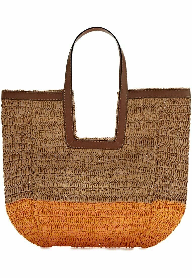 Grand sac fourre-tout tissé avec de larges anses marron, avec des blocs de couleur beige naturel et orange, et un motif texturé.