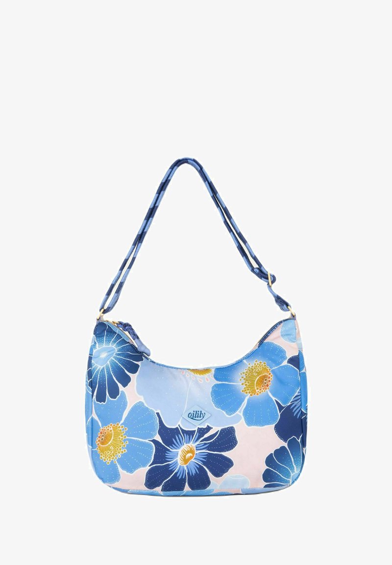Sac à bandoulière floral présentant un motif bleu et rose avec de grandes fleurs. Fabriqué en tissu lisse avec une sangle unique ajustable et des accents dorés.